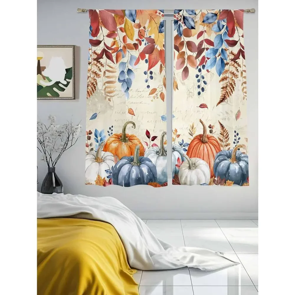 Fall Sheer Curtains, Blue Pumpkin Leaves Light Filtering, 2 Panels 52